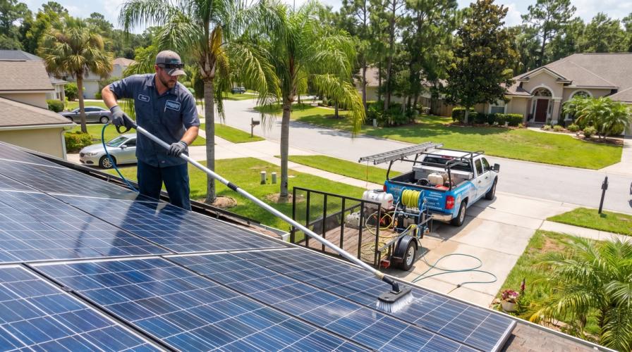 A worker cleans solar panels on a suburban roof with a water-fed pole, next to a truck in a sunny Florida neighborhood.