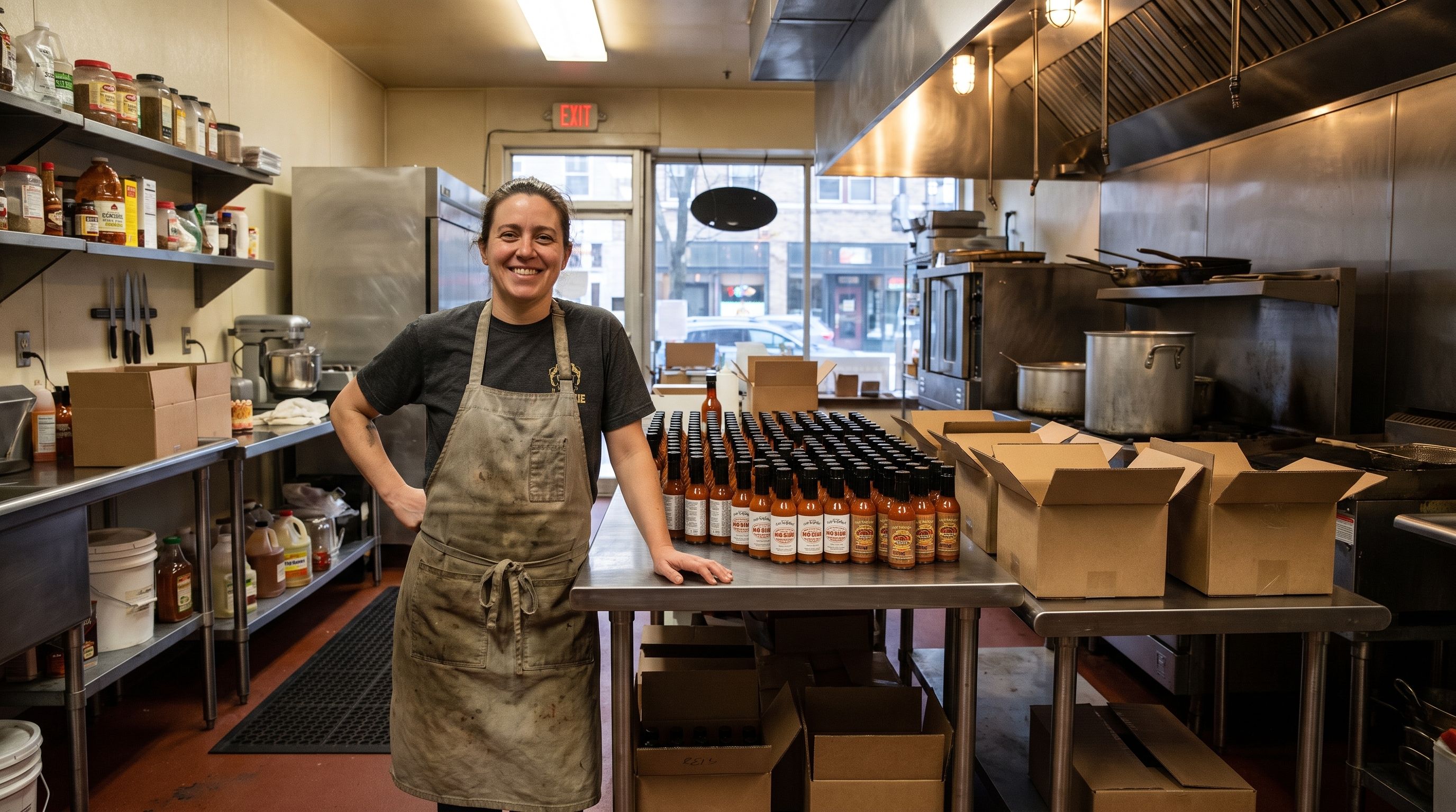 A smiling woman in an apron stands in a commercial kitchen next to bottles of hot sauce and shipping boxes.