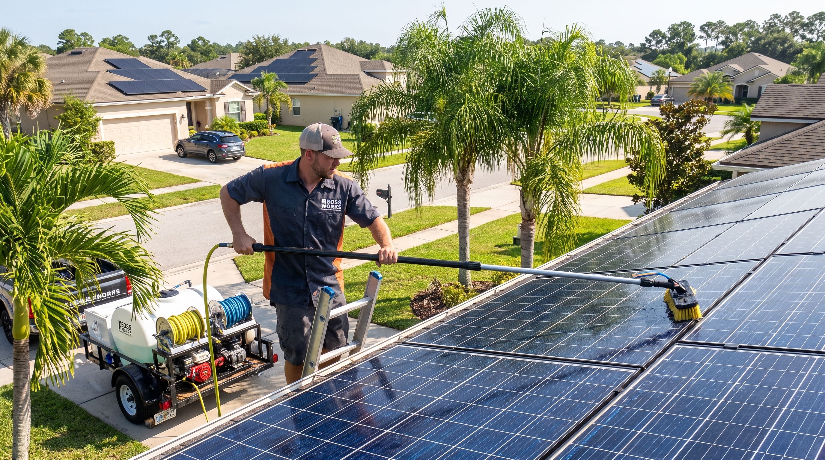 A solar panel cleaner uses a water-fed pole from a ladder on a roof in a sunny suburban neighborhood.