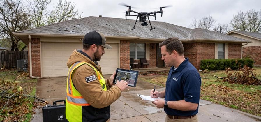 Two professionals with a tablet and clipboard look at a drone hovering over a storm-damaged roof.