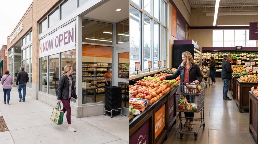 Split view shows a woman walking past a grocery store with a NOW OPEN banner and shopping inside a store.