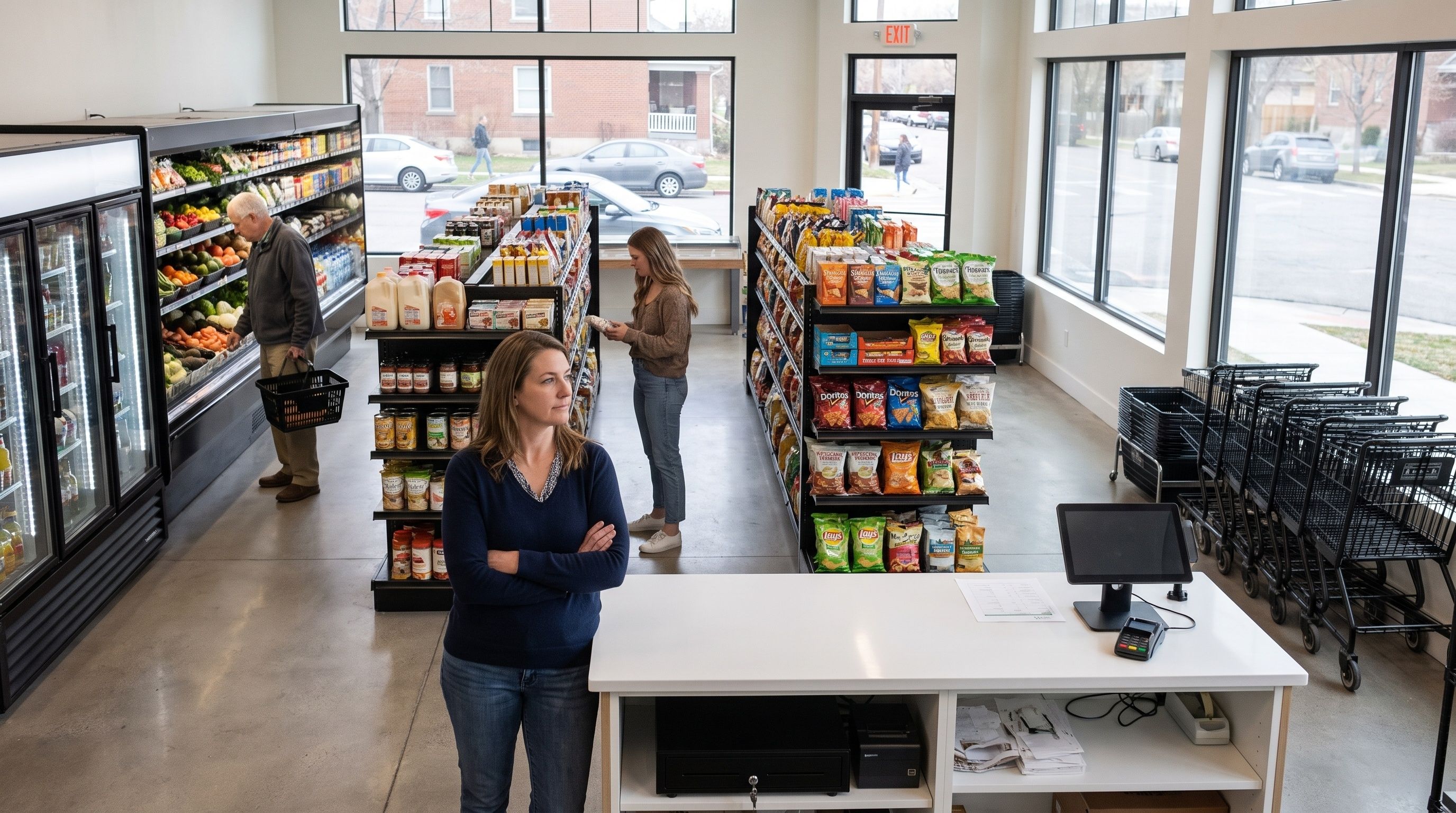 A woman stands by a checkout counter in a grocery store while two people shop in the aisles