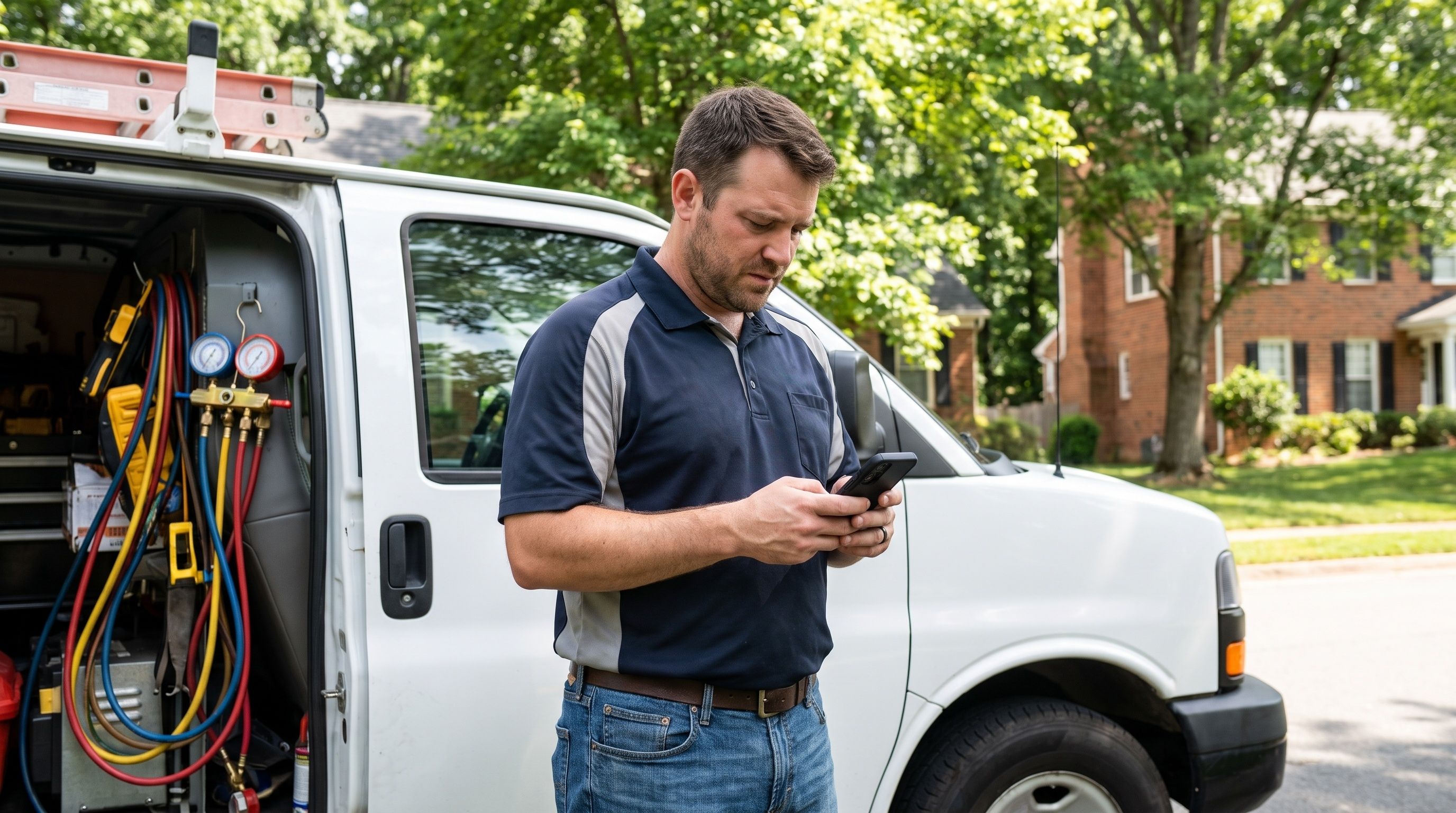 An HVAC technician stands by his white service van in a suburban neighborhood, looking down at his smartphone.