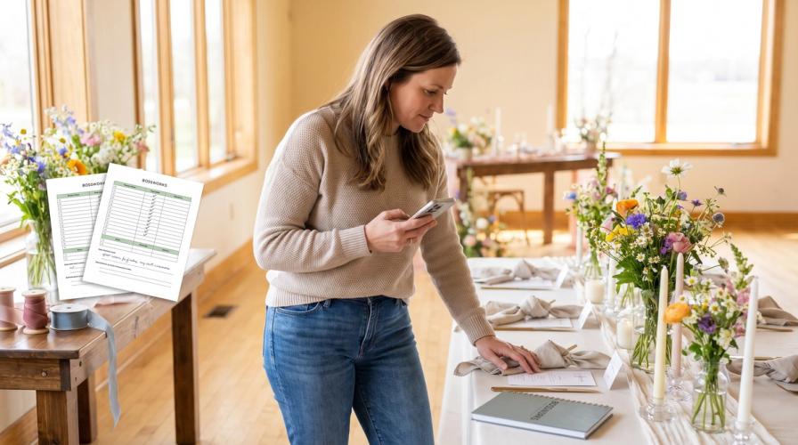 A woman checks her smartphone by a decorated table with flowers and a planning sheet reading BOSSWORKS.