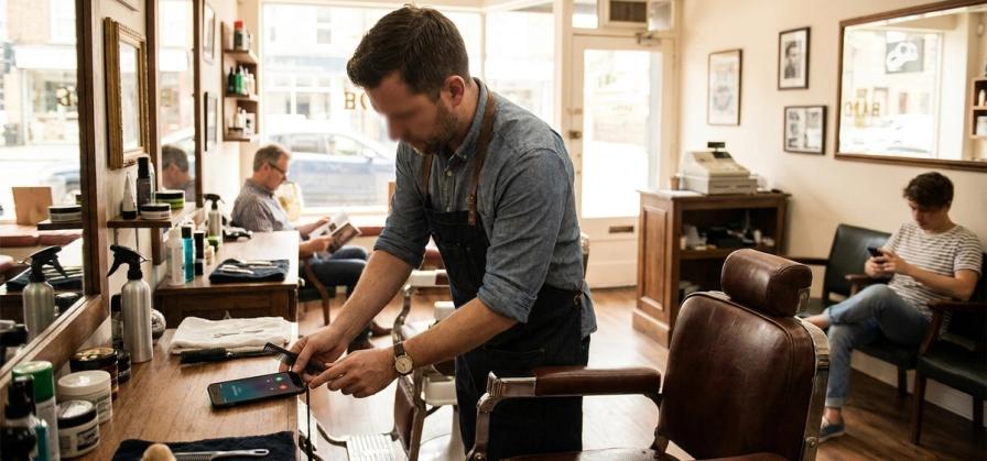 A barber in a denim shirt and apron prepares a station while a phone rings nearby in a busy barbershop