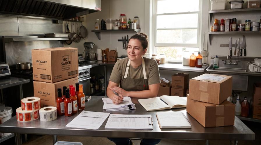 A woman in a commercial kitchen sits at a stainless steel table surrounded by hot sauce boxes and bottles, reviewing paperwork.