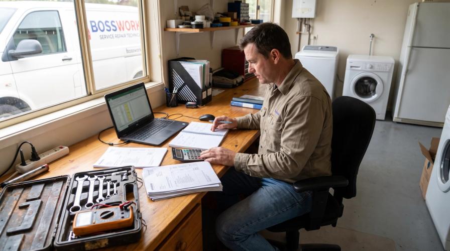 A man in a tan work shirt sits at a wooden desk, calculating figures with a laptop, calculator, and invoices nearby.