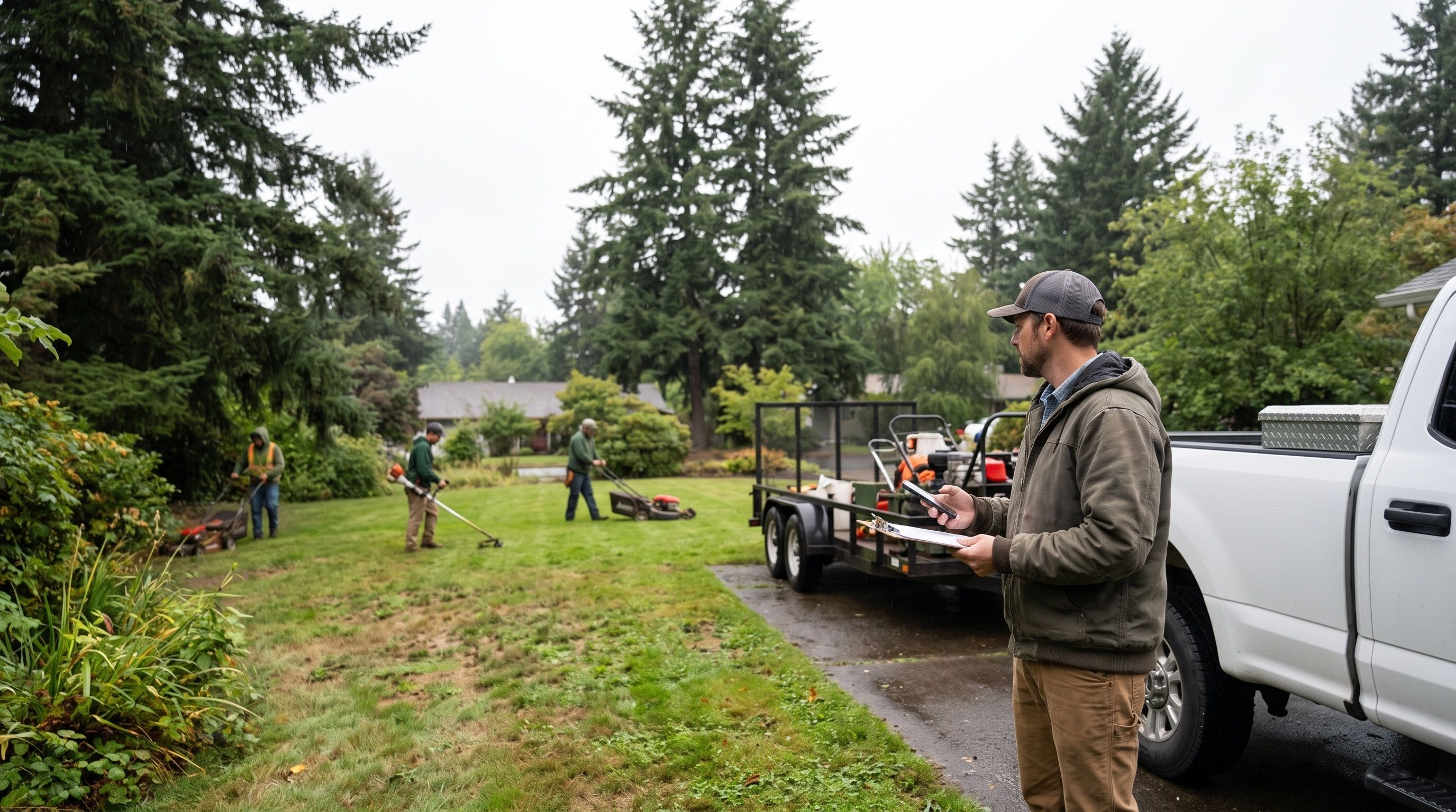 A landscaping business owner stands holding a clipboard and phone by a truck while his crew mows a lawn in Oregon.