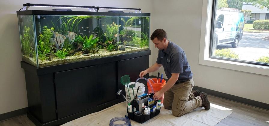 A technician kneels beside a large fish tank, organizing cleaning supplies on a drop cloth.