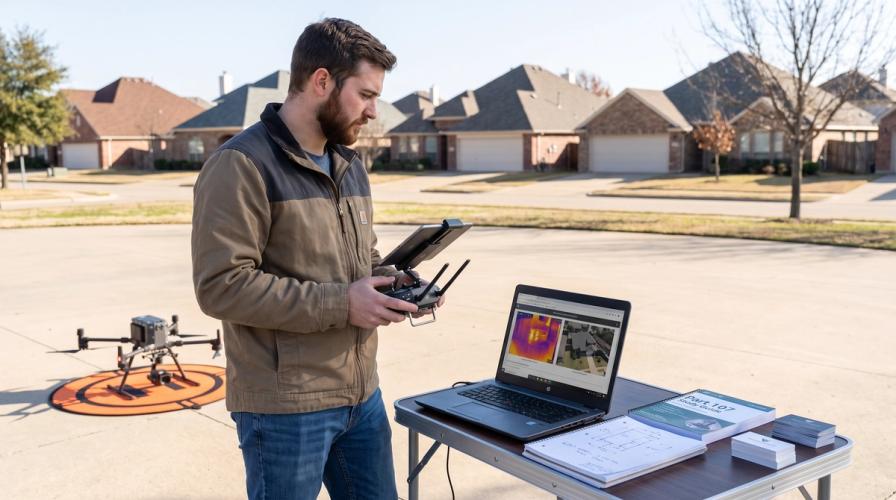 A man in a tan jacket holds a drone controller while standing next to a laptop showing thermal images on a table outdoors