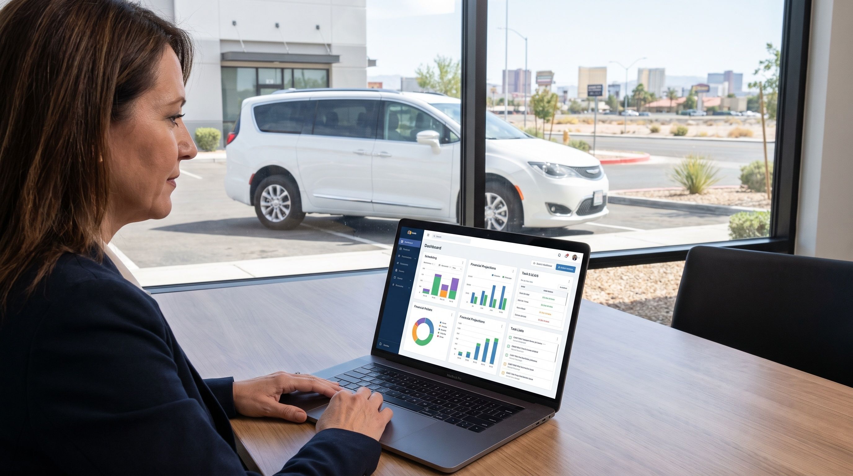 A woman with brown hair sits at a wooden table, typing on a laptop displaying a financial dashboard while a white van is parked outside a window.