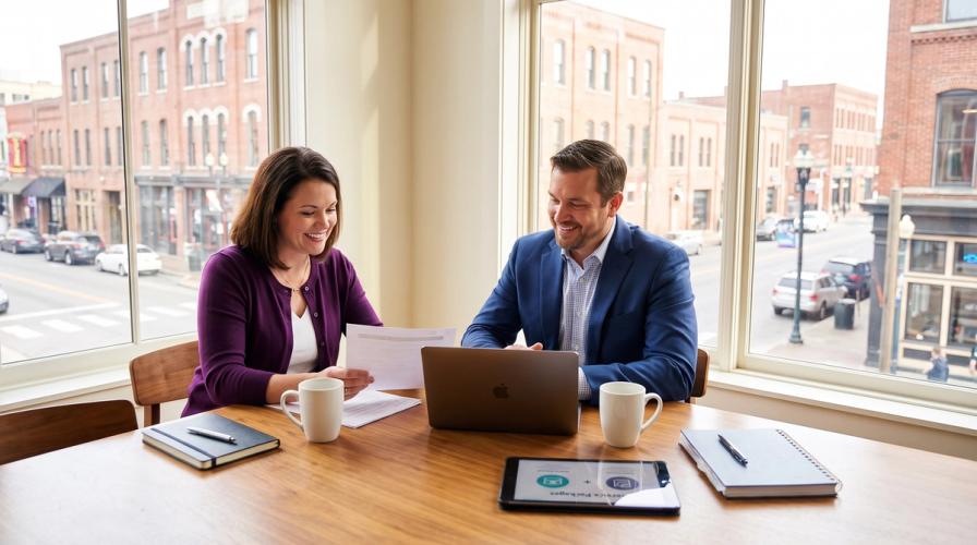 A man and woman review documents and a laptop at a wooden table in an office