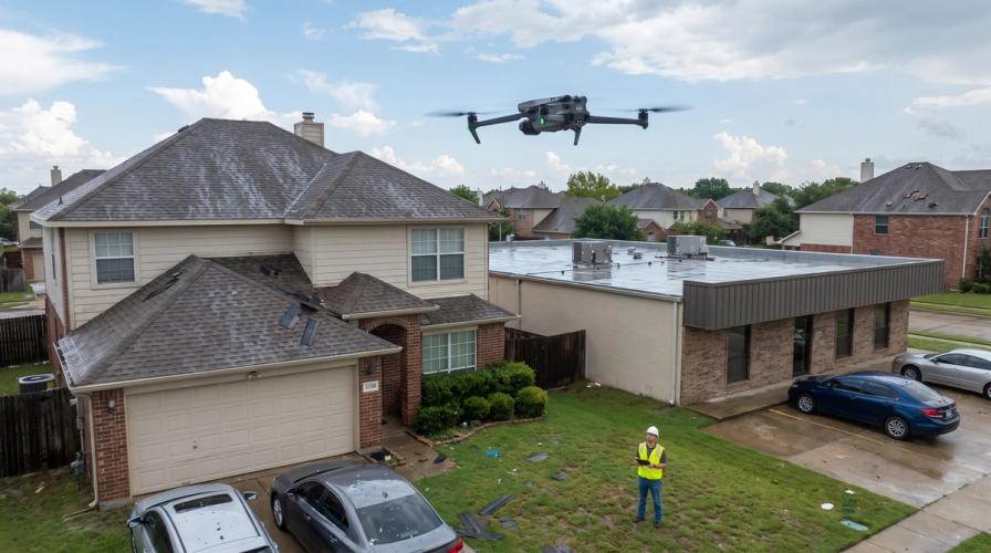 A drone hovers above a two-story home in a Dallas neighborhood while a man in a high-visibility vest inspects it with a tablet
