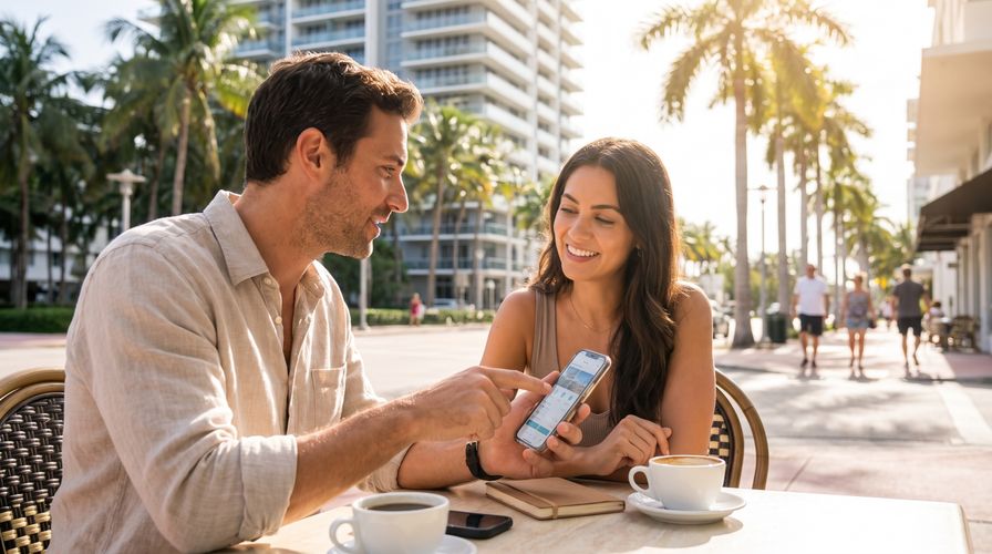 A man and woman at a Miami café table, looking at a smartphone together amidst palm trees and sunlight.