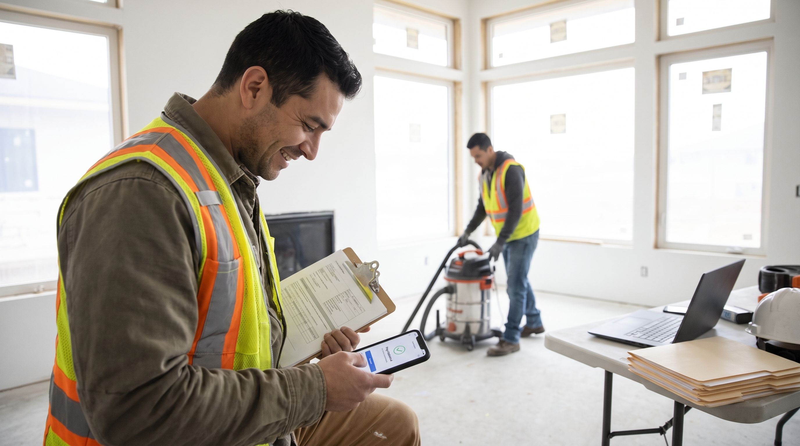 A smiling man in a high-vis vest looks at a smartphone displaying a payment screen while holding a clipboard in an unfinished room.