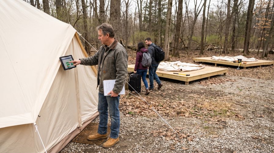 A campsite owner checks a tablet affixed to a canvas tent, while two guests walk toward wooden platforms in a wooded clearing.