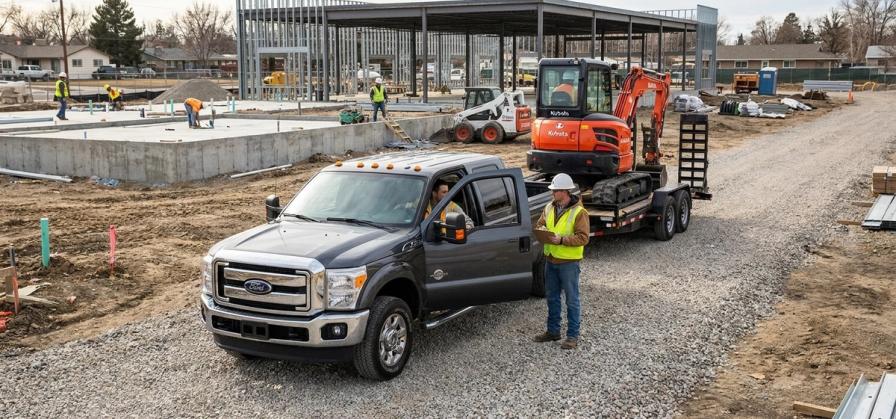 A dark grey Ford pickup truck with a trailer transporting an excavator sits at a gravel construction site.