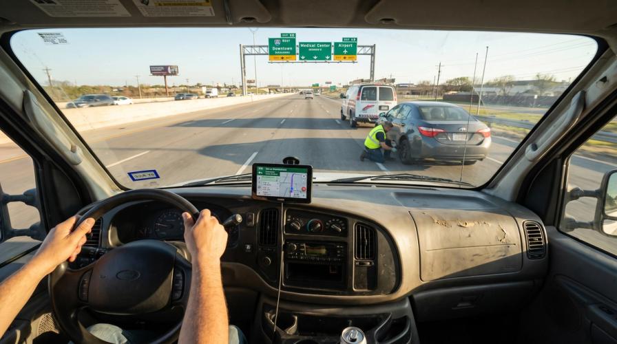 A driver's view inside a Ford van shows a highway with a green exit sign for Downtown, Medical Center, and Airport, while a technician works on a car.