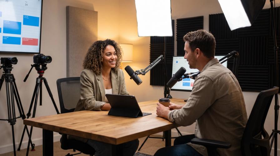 A man and woman with microphones seated at a wooden table in a podcast studio