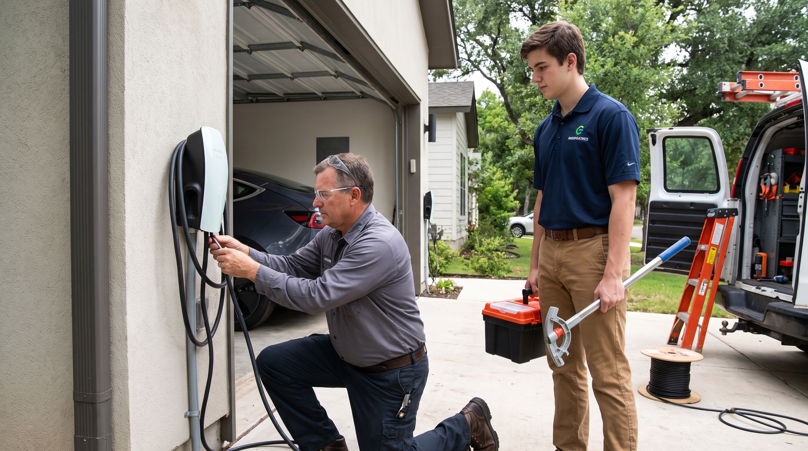 An installer kneels to check a wall-mounted EV charger while a younger assistant stands nearby holding a tool box and bender
