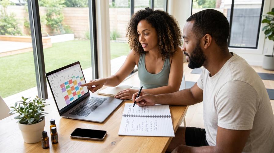 A Black man and woman at a wooden desk with a laptop and notebook, planning wellness schedules in a sunny room.