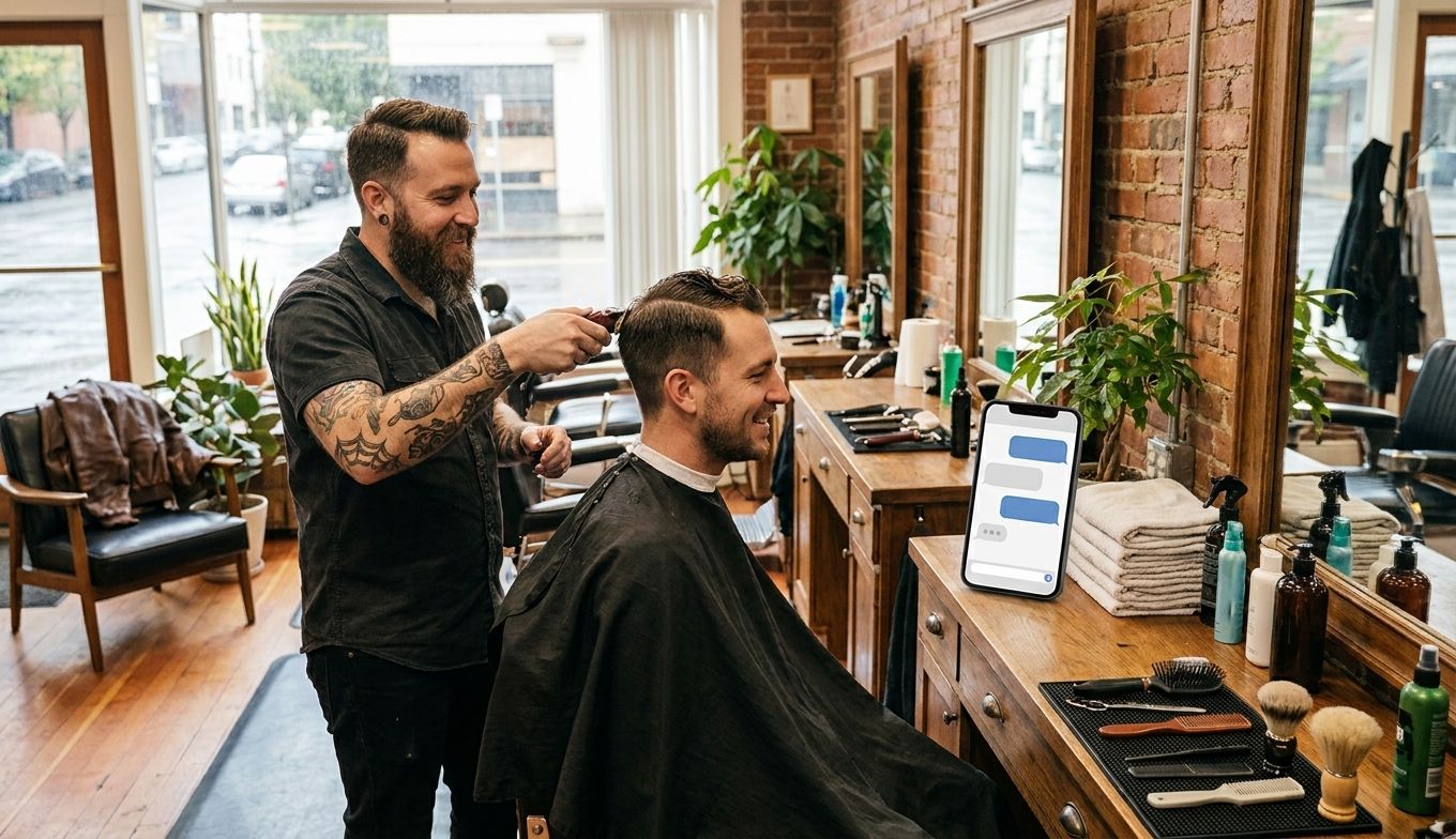 A bearded barber uses clippers on a client's hair in a barbershop with a smartphone displaying chat bubbles on the counter