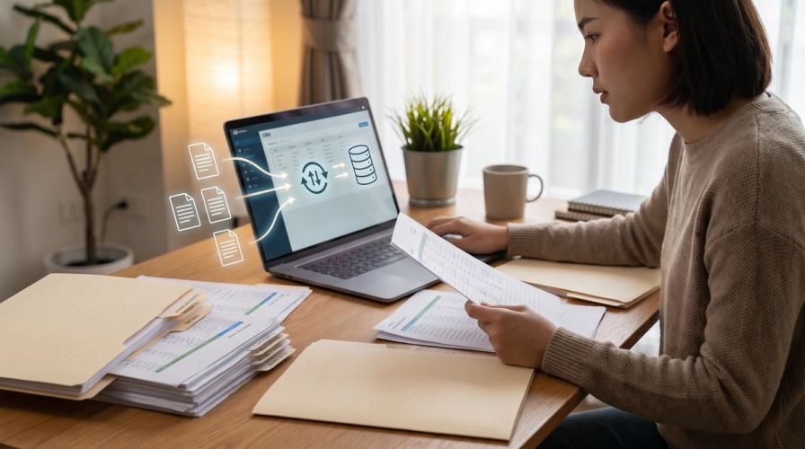 An office worker reviews documents at a wooden desk with a laptop displaying a digital file-transfer graphic.