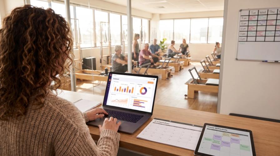 A woman with curly brown hair works on a laptop at a reception desk while people practice Pilates on reformers in the background