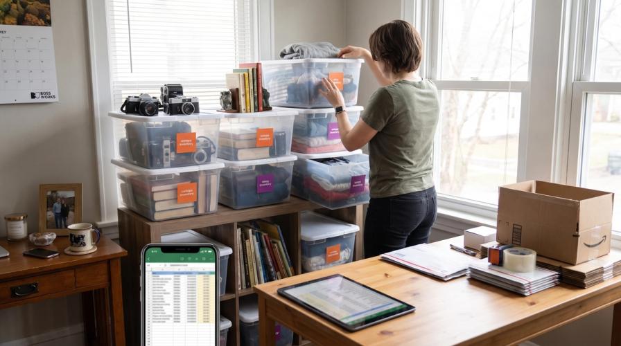 A person organizing labeled inventory bins in a home workspace with shipping supplies and a spreadsheet