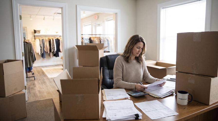 A woman at a desk in a back office surrounded by boxes reviews invoices next to a doorway into a clothing boutique.
