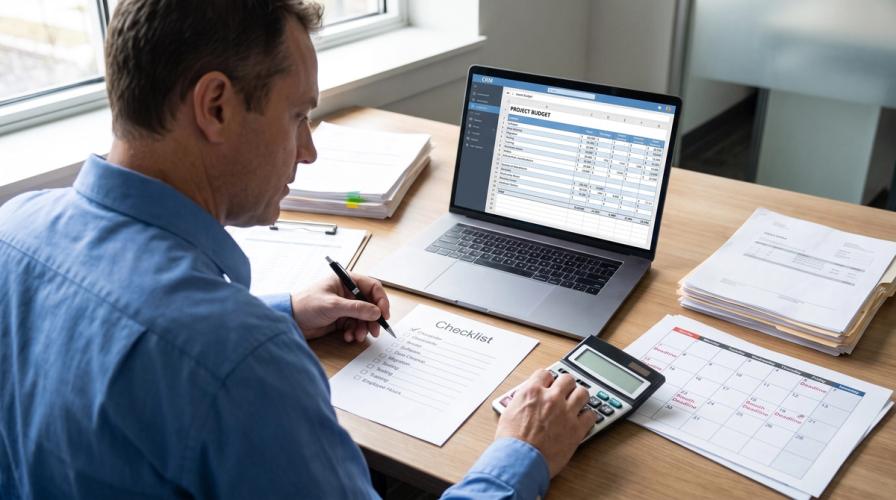 A man in a blue shirt at a desk reviews a budget on a laptop, alongside a checklist, calculator, and calendar