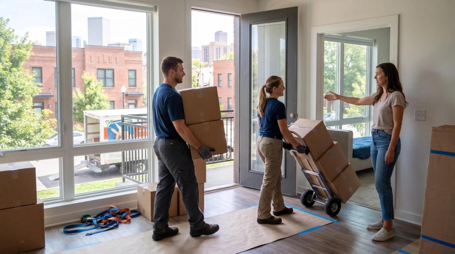 Two movers in dark blue shirts bring boxes into a bright apartment as a woman greets them