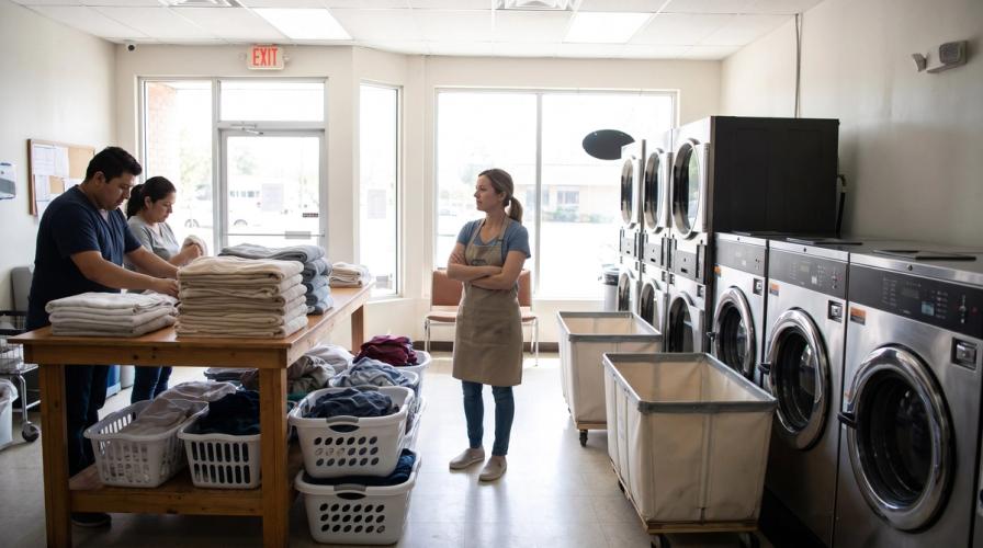 Two workers fold towels at a table in a laundromat while the owner watches idle washing machines.