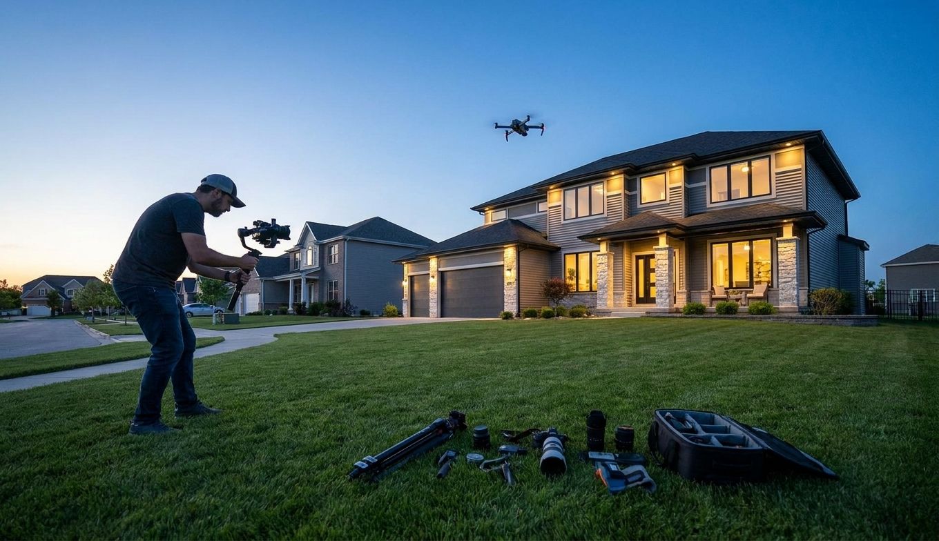 A videographer on a lawn uses a gimbal as a drone hovers above a two-story suburban house.