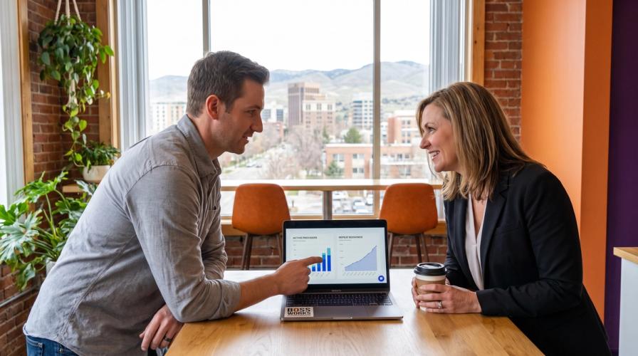 A man and woman review charts on a laptop in a modern office with a city view.