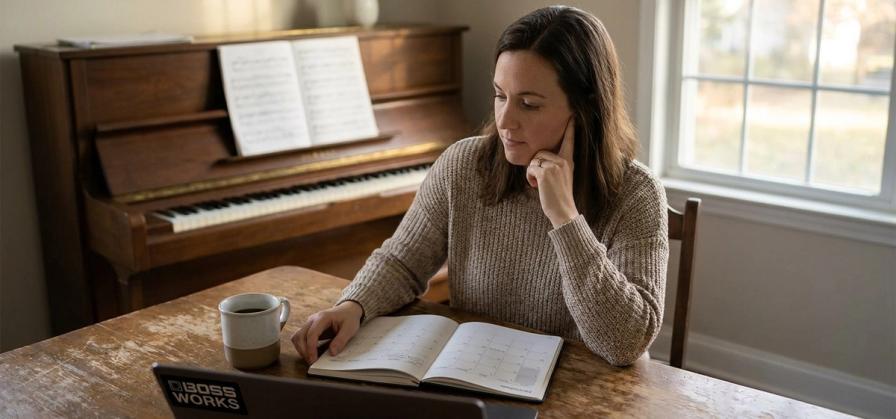 A woman in a beige sweater looks at a calendar on a wooden table beside a coffee mug, with a piano in the background.