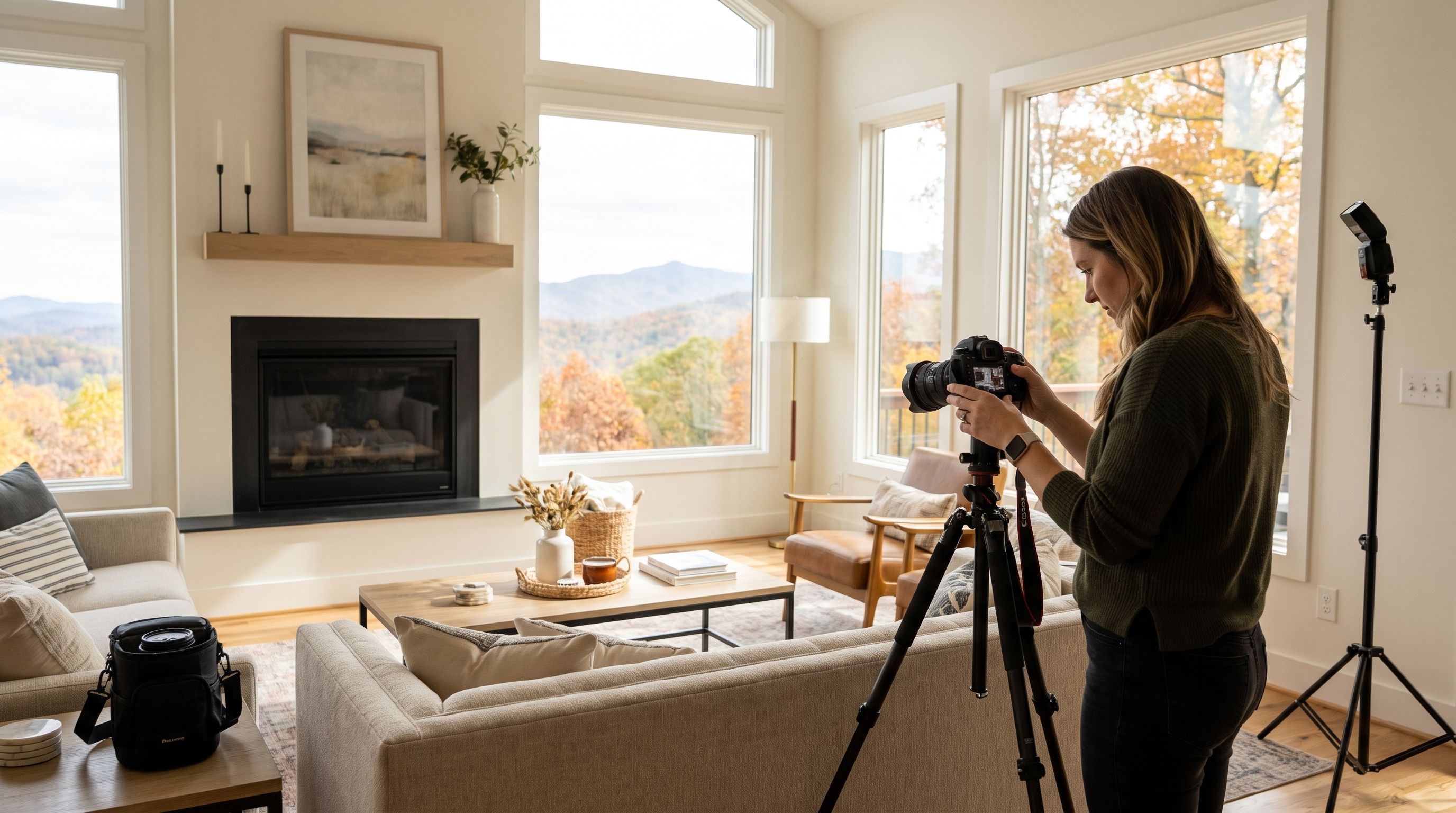 A female photographer uses a camera on a tripod in a sunlit living room with mountain views