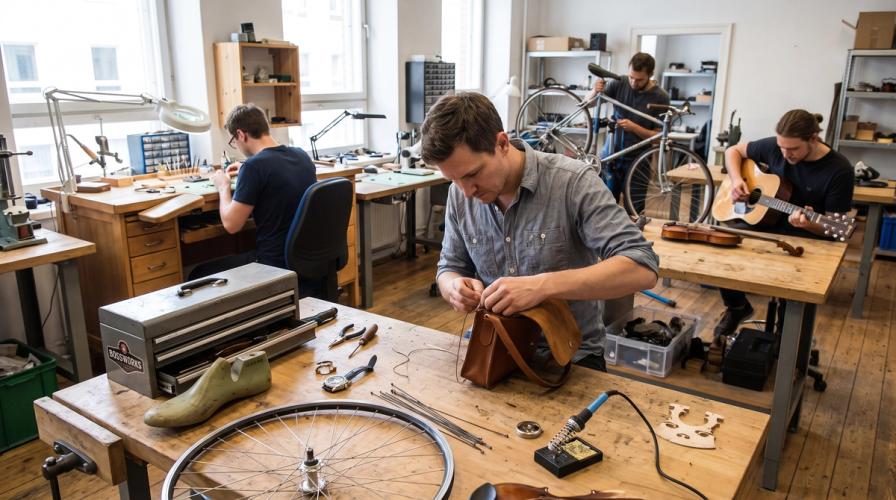Four men work on various crafts in a bright workshop, including leather, bicycles, and music instruments