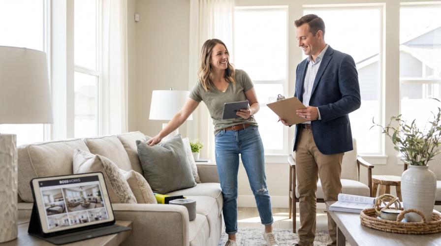 A female home stager in a green t-shirt and jeans talks with a male real estate agent holding a clipboard in a sunlit living room