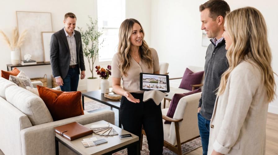 A home stager shows a tablet with property photos to two real estate agents in a furnished living room