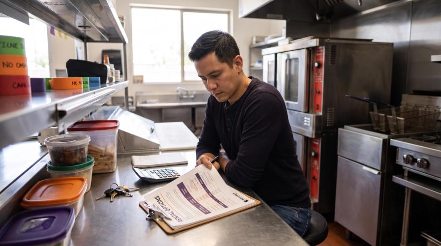 A man reviews a rental options document on a clipboard at a stainless steel kitchen counter.