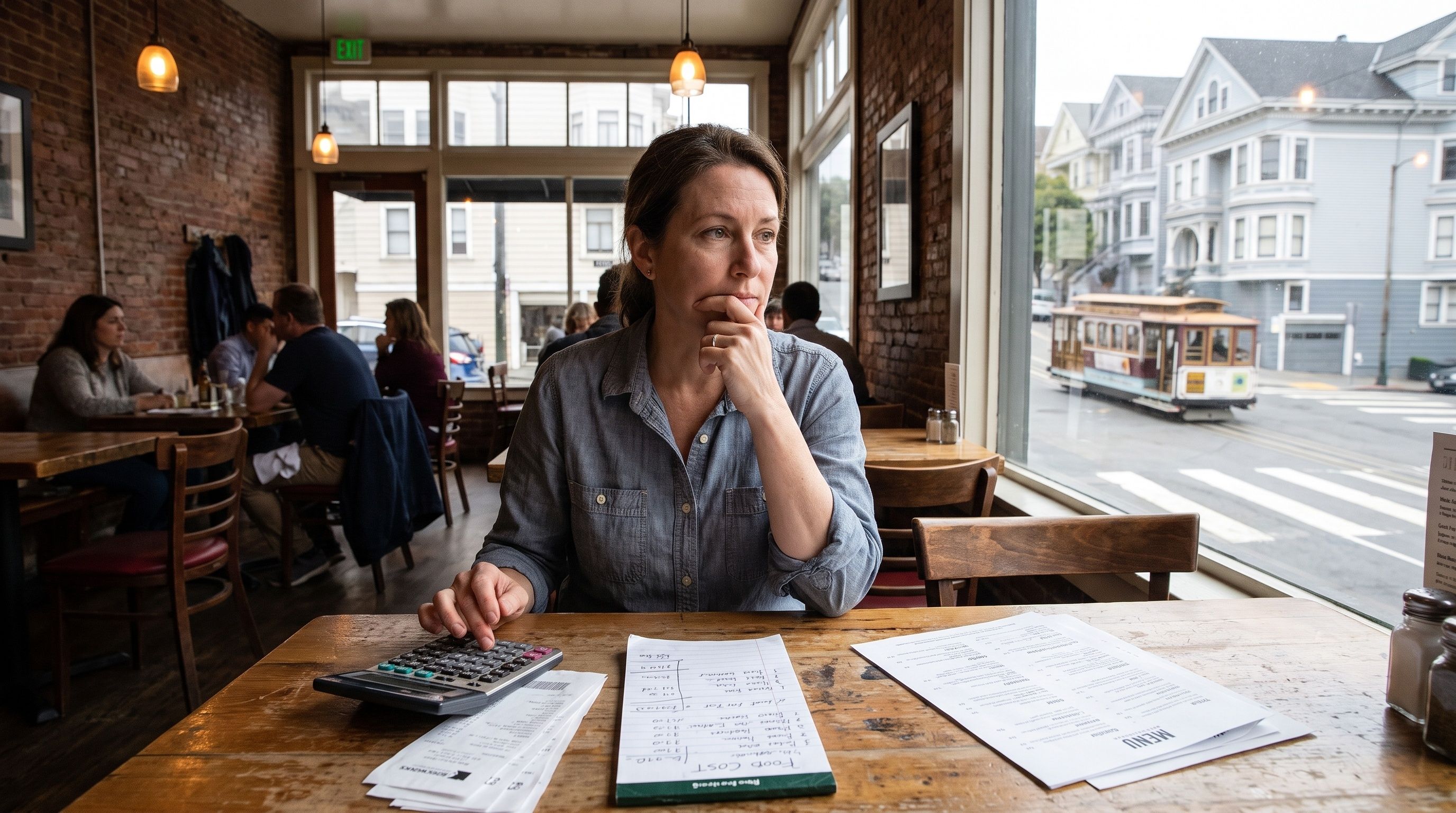 A woman uses a calculator next to receipts and menus at a table in a restaurant