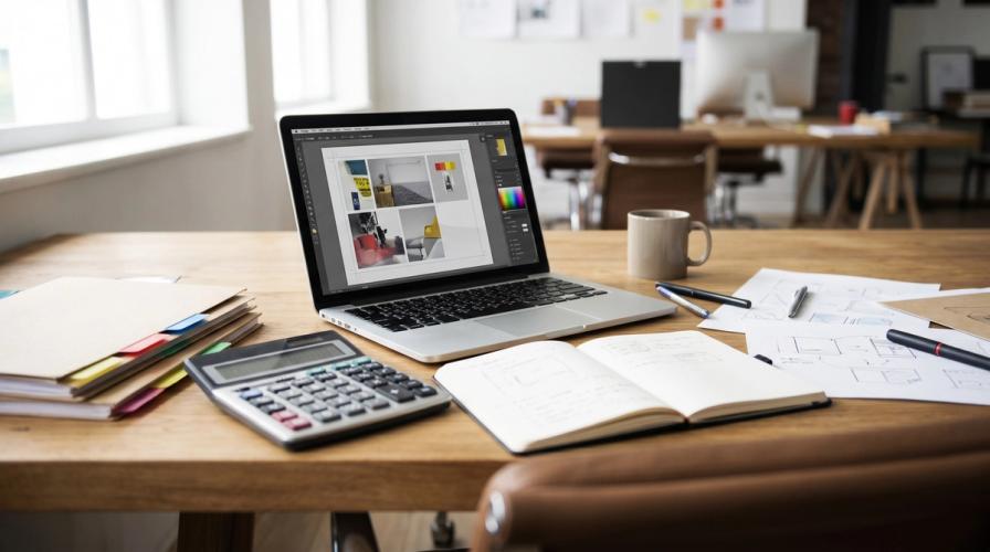 A laptop open to a design layout, calculator, open notebook, and sketches sit on a wooden desk in a sunlit studio.