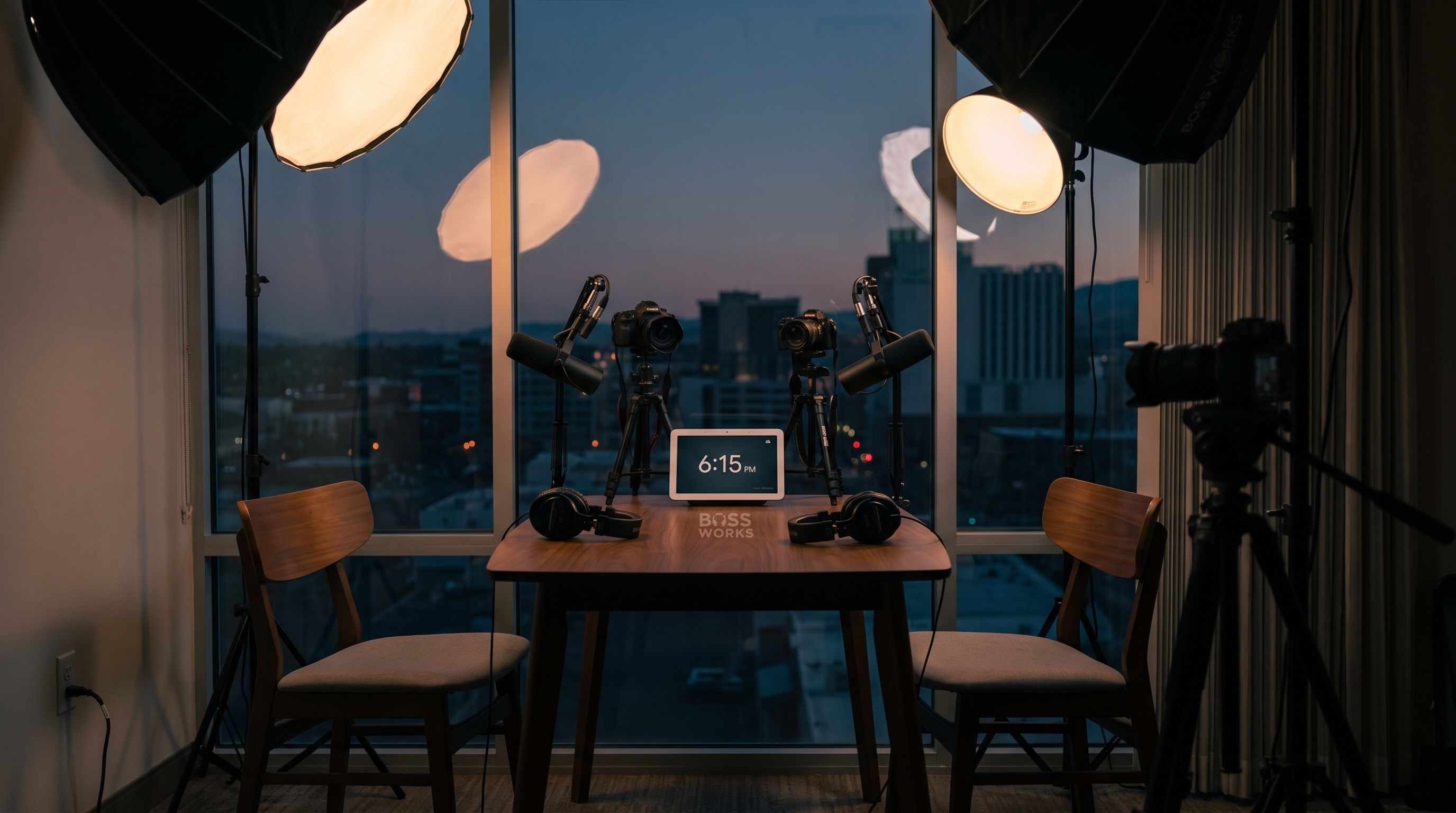 An empty podcast studio featuring a table with microphones, cameras, and two chairs, lit by soft studio lights.