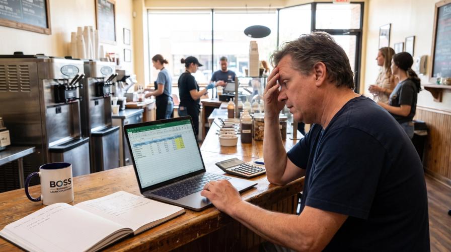 A stressed shop owner sits at a wooden counter with a laptop, calculator, and notebook in a frozen custard shop