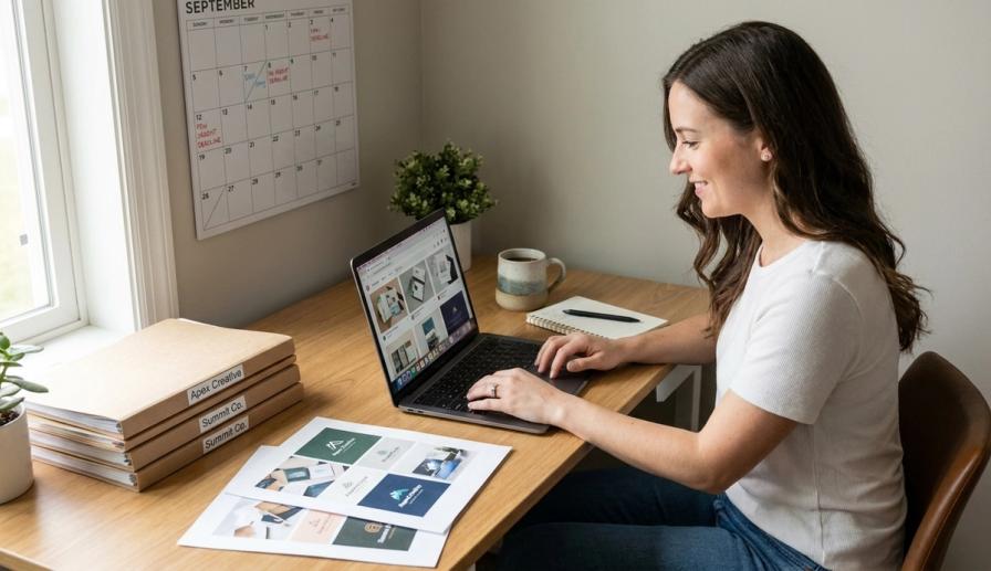 A woman works on her laptop at a wooden desk with design folders labeled Apex Creative and Summit Co.
