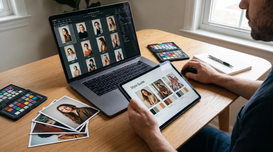 A photographer reviews edited photos on a laptop and tablet at a wooden desk with printed pictures and color charts