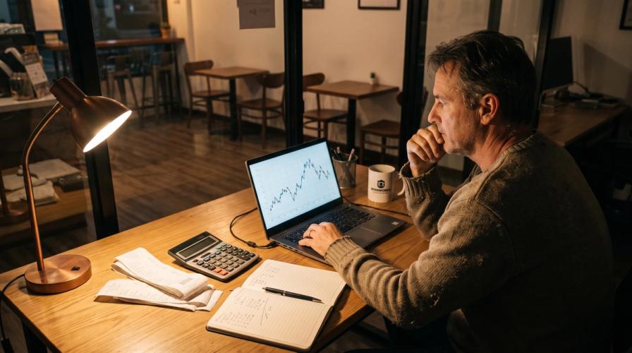 A man reviews business numbers on a laptop at a desk with receipts, a calculator, and a coffee cup
