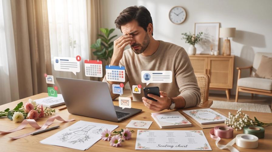 A man in a beige sweater rubs his eyes at a desk with a laptop and phone, surrounded by floating icons and floral decor.