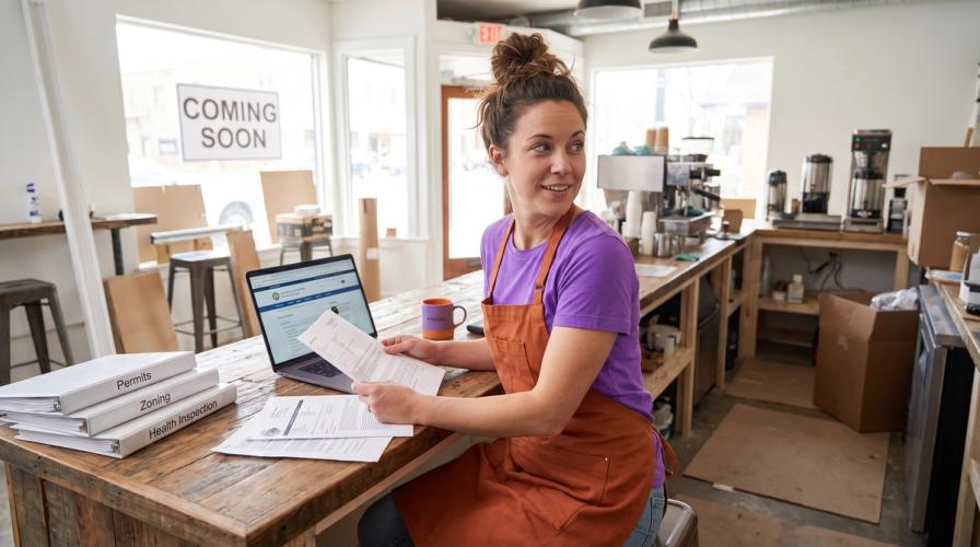 A woman in a purple shirt and orange apron reads documents at a laptop in a cafe with a "COMING SOON" sign in the window.